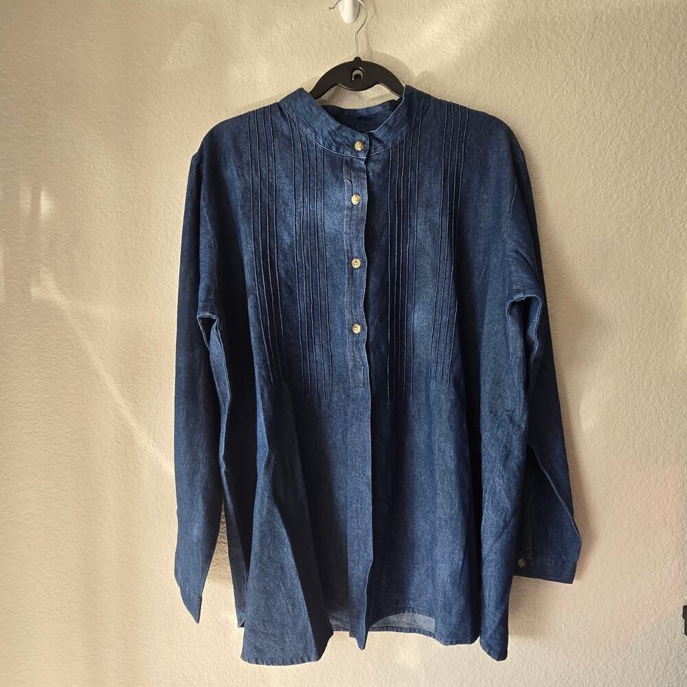 The Vermont Country Store denim pleated button tunic blouse blue 100% Cotton L